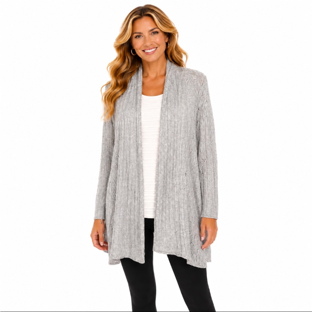 BELLDINI Open-Front Cable Knit Cardigan Sweater - Light Gray Size Large